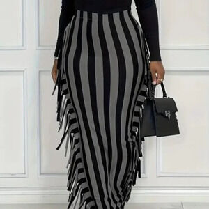 Tassell Slim Stripe Skirt (Color: Black /Grey Stripes)